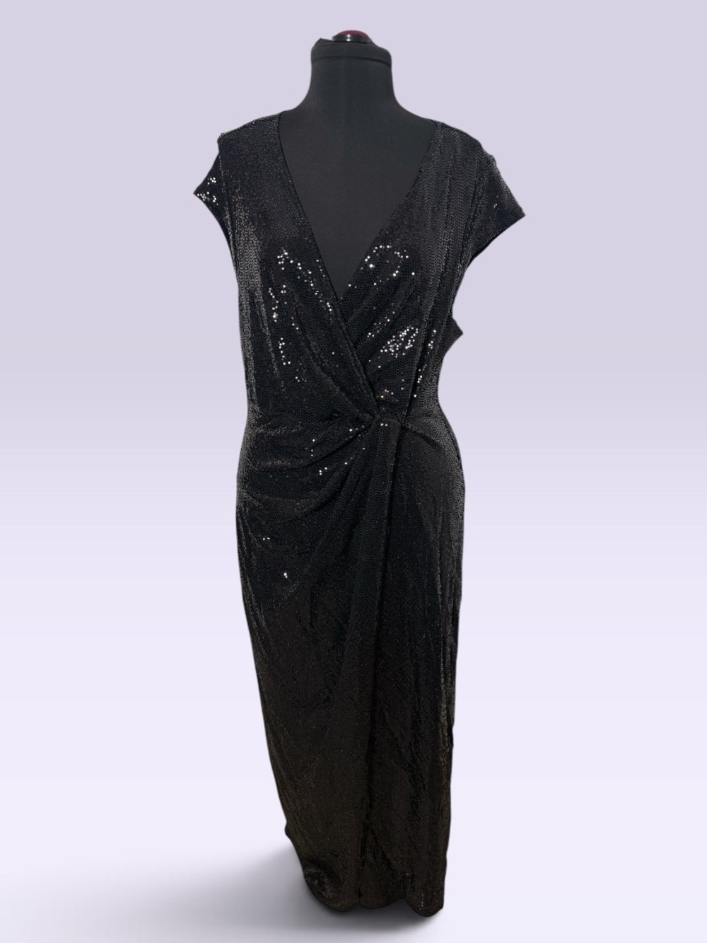 Elegant Black Sequin V-Neck Maxi Dress with Twist Detail Made in Egypt